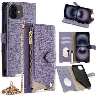 For iPhone 16 Crossbody Chain Fishtail Litchi Leather Phone Case(Purple)