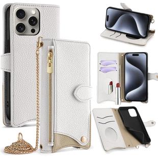 For iPhone 15 Pro Max Crossbody Chain Fishtail Litchi Leather Phone Case(White)
