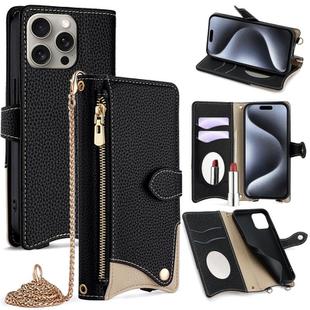 For iPhone 15 Pro Crossbody Chain Fishtail Litchi Leather Phone Case(Black)