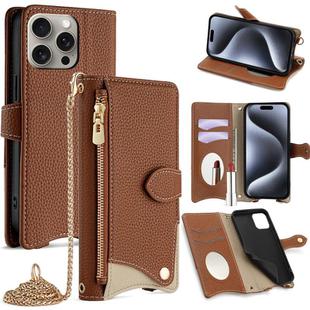 For iPhone 15 Pro Crossbody Chain Fishtail Litchi Leather Phone Case(Brown)