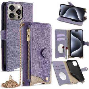 For iPhone 15 Pro Crossbody Chain Fishtail Litchi Leather Phone Case(Purple)