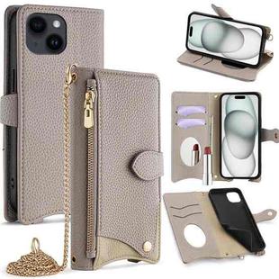 For iPhone 15 Plus Crossbody Chain Fishtail Litchi Leather Phone Case(Grey)