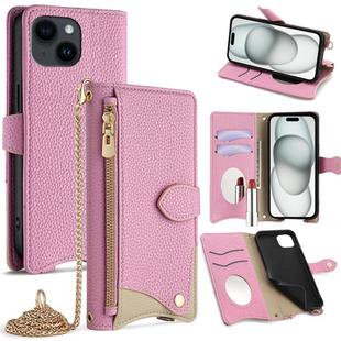 For iPhone 15 Plus Crossbody Chain Fishtail Litchi Leather Phone Case(Pink)