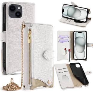 For iPhone 15 Plus Crossbody Chain Fishtail Litchi Leather Phone Case(White)