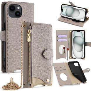 For iPhone 15 Crossbody Chain Fishtail Litchi Leather Phone Case(Grey)
