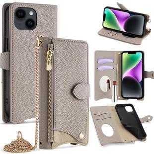 For iPhone 14 Plus Crossbody Chain Fishtail Litchi Leather Phone Case(Grey)