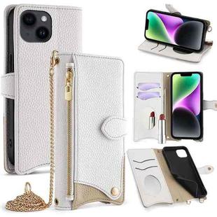 For iPhone 14 Plus Crossbody Chain Fishtail Litchi Leather Phone Case(White)