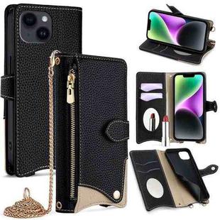 For iPhone 14 Crossbody Chain Fishtail Litchi Leather Phone Case(Black)