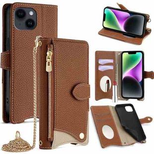 For iPhone 14 Crossbody Chain Fishtail Litchi Leather Phone Case(Brown)