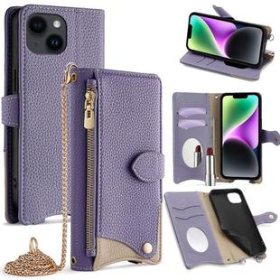 For iPhone 14 Crossbody Chain Fishtail Litchi Leather Phone Case(Purple)
