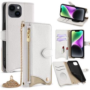 For iPhone 14 Crossbody Chain Fishtail Litchi Leather Phone Case(White)