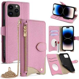For iPhone 14 Pro Crossbody Chain Fishtail Litchi Leather Phone Case(Pink)