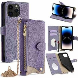For iPhone 14 Pro Crossbody Chain Fishtail Litchi Leather Phone Case(Purple)