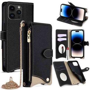 For iPhone 14 Pro Max Crossbody Chain Fishtail Litchi Leather Phone Case(Black)