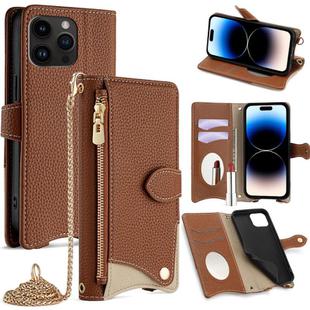 For iPhone 14 Pro Max Crossbody Chain Fishtail Litchi Leather Phone Case(Brown)