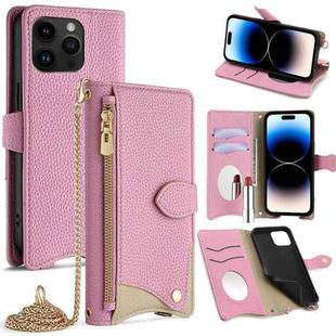 For iPhone 14 Pro Max Crossbody Chain Fishtail Litchi Leather Phone Case(Pink)