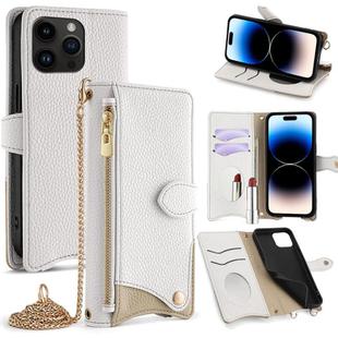 For iPhone 14 Pro Max Crossbody Chain Fishtail Litchi Leather Phone Case(White)