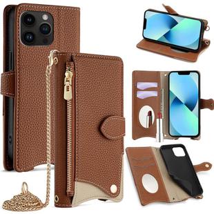 For iPhone 13 Pro Max Crossbody Chain Fishtail Litchi Leather Phone Case(Brown)