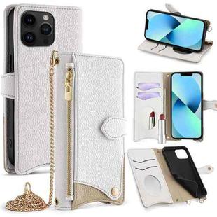 For iPhone 13 Pro Max Crossbody Chain Fishtail Litchi Leather Phone Case(White)