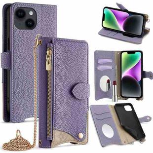 For iPhone 13 Crossbody Chain Fishtail Litchi Leather Phone Case(Purple)
