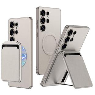For Samsung Galaxy S25 Ultra 5G GKK Metal Paint Skin Feel Leather Crad Bag MagSafe Phone Case With Holder(Titanium Gray)