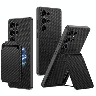 For Samsung Galaxy S25 Ultra 5G GKK Metal Paint Skin Feel Leather Crad Bag MagSafe Phone Case With Holder(Carbon Fiber Texture)