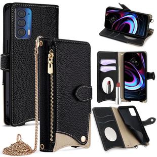 For Motorola Edge 2021 Crossbody Chain Fishtail Litchi Leather Phone Case(Black)