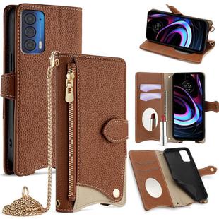 For Motorola Edge 2021 Crossbody Chain Fishtail Litchi Leather Phone Case(Brown)
