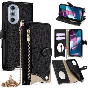 For Motorola Edge+ 2022 / Edge 30 Pro Crossbody Chain Fishtail Litchi Leather Phone Case(Black)