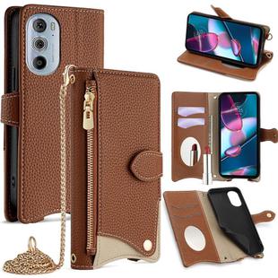For Motorola Edge+ 2022 / Edge 30 Pro Crossbody Chain Fishtail Litchi Leather Phone Case(Brown)