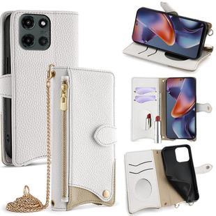 For Motorola Moto G 2025 Crossbody Chain Fishtail Litchi Leather Phone Case(White)