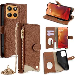 For Motorola Moto G15 / G15 Power Crossbody Chain Fishtail Litchi Leather Phone Case(Brown)