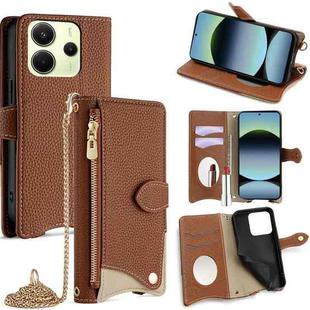 For Redmi Note 14 4G 163.25mm Crossbody Chain Fishtail Litchi Leather Phone Case(Brown)