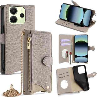 For Redmi Note 14 4G 163.25mm Crossbody Chain Fishtail Litchi Leather Phone Case(Grey)
