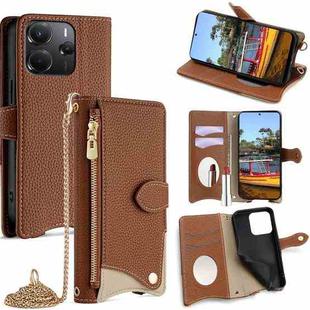 For Redmi Note 14 4G 164.84mm Crossbody Chain Fishtail Litchi Leather Phone Case(Brown)