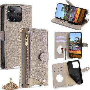 For Redmi Note 14 4G 164.84mm Crossbody Chain Fishtail Litchi Leather Phone Case(Grey)