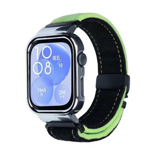 For Huawei Watch Fit3 Brushed Metal Silver Frame Watch Band(Black Grass Green)