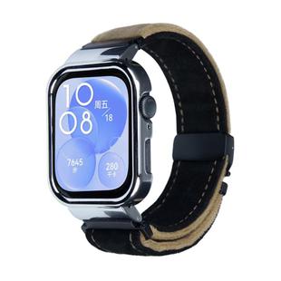 For Huawei Watch Fit3 Brushed Metal Silver Frame Watch Band(Black Dark Brown)