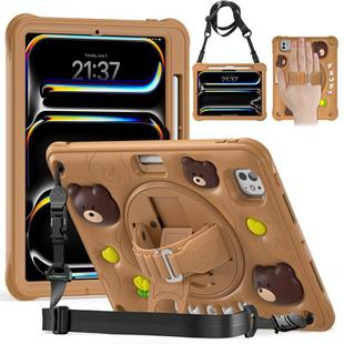 For iPad Pro 11 2024 Bear Rotation Kickstand Silicone Hybrid PC Tablet Case(Brown)