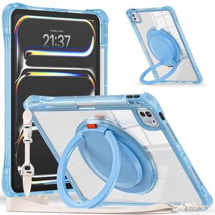 For iPad Pro 13 2024 Rotation Ring Handle TPU Hybrid Clear PC Tablet Case(Light Blue)