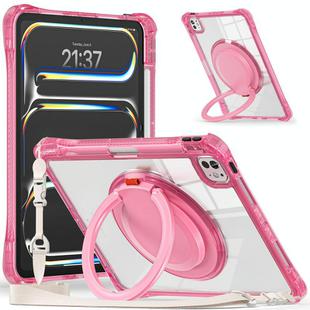For iPad Pro 11 2024 Rotation Ring Handle TPU Hybrid Clear PC Tablet Case(Red Rose)