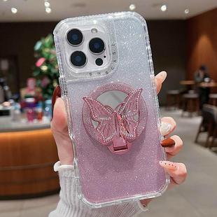 For iPhone 15 Pro Max Mirror Butterfly Holder Glitterr MagSafe Phone Case(Pink)