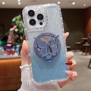 For iPhone 13 Pro Max Mirror Butterfly Holder Glitterr MagSafe Phone Case(Blue)