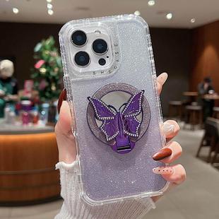 For iPhone 12 Pro Max Mirror Butterfly Holder Glitterr MagSafe Phone Case(Purple)