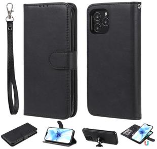 For iPhone 12 / 12 Pro 2 in 1 Solid Color Detachable PU Leather Case with Card Slots & Magnetic Holder & Photo Frame & Wallet & Strap(Black)