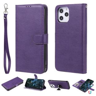 For iPhone 12 Pro Max 2 in 1 Solid Color Detachable PU Leather Case with Card Slots & Magnetic Holder & Photo Frame & Wallet & Strap(Purple)