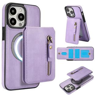 For iPhone 15 Pro Max Zipper Wallet Split MagSafe Leather Back Phone Case(Purple)
