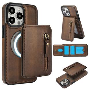 For iPhone 13 Pro Max Zipper Wallet Split MagSafe Leather Back Phone Case(Brown)