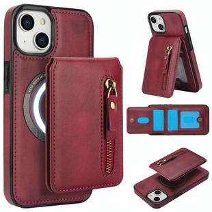 For iPhone 13 mini Zipper Wallet Split MagSafe Leather Back Phone Case(Red)