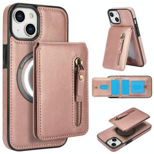 For iPhone 13 mini Zipper Wallet Split MagSafe Leather Back Phone Case(Rose Gold)